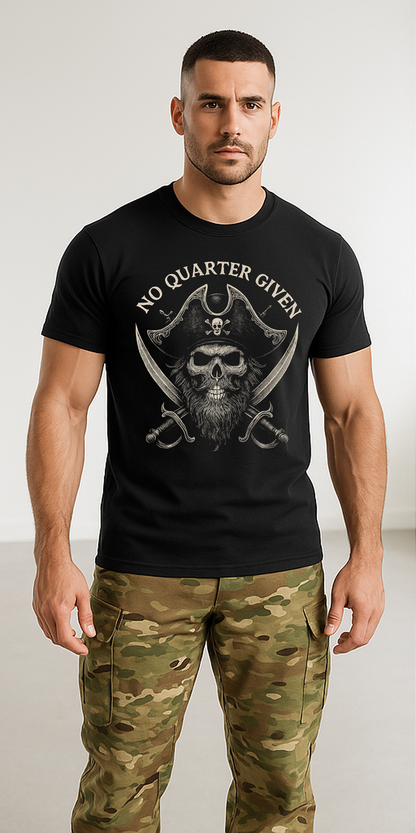 "No Quarter Given" Pirate Skull Tee – Tactical Goon Edition